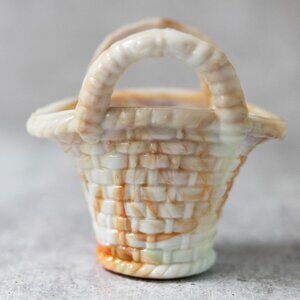 Vintage AKRO AGATE Orange White Swirl Milk Slag Glass Woven Basket 1940s 3.75"